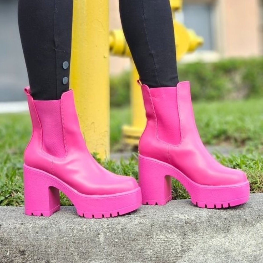 Women's Platform Heel Boots Chunky Ankle Pink Color - Picture 2 of 7